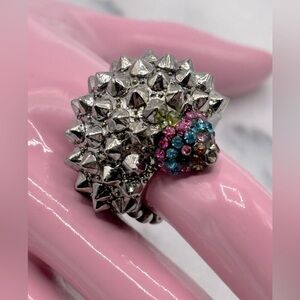 Gunmetal, Silver tone & Multi Crystal Chunky Hedgehog Animal Stretch Band‎ Ring